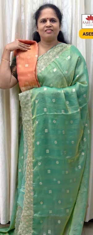 Sea Green Color Designer Embroidery Saree | ASE566