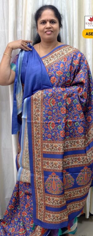 Ink Blue Color Printed Silk Saree | ASE684