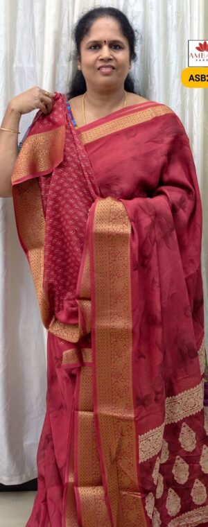 Red Chiffon Saree with Idol Motifs & Self Pallu | ASB240