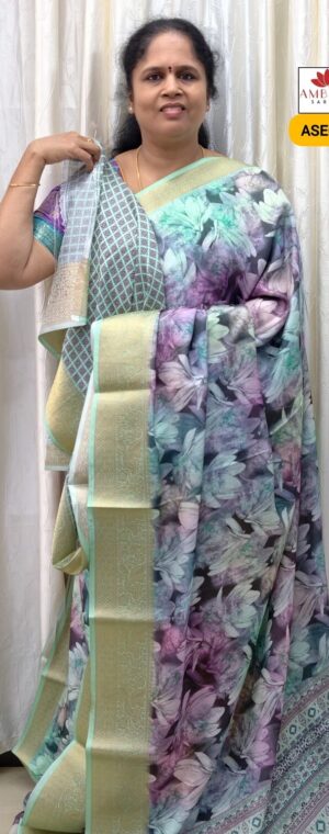 Light Green Chiffon Saree with Floral Design | ASE680