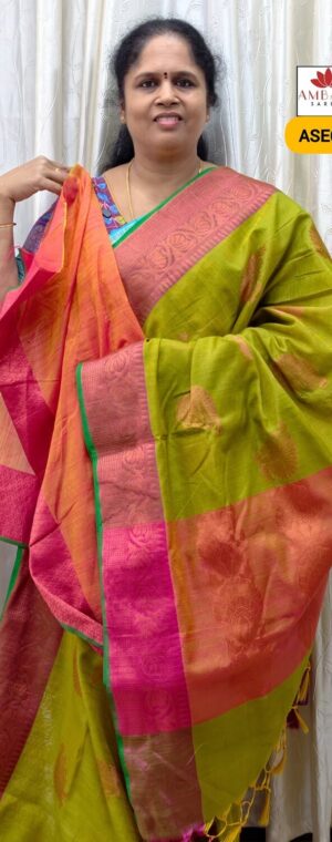 Green With Pink Border Semi Tussar Saree | ASE679