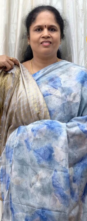 White & Blue Chiffon Saree with Idol Print | ASE688