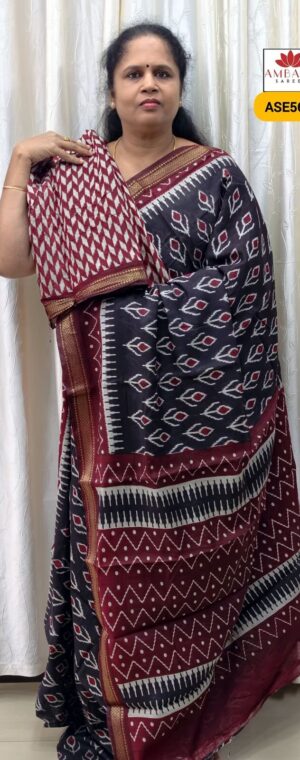 Black With Maroon Mul Cotton Saree | ASE560