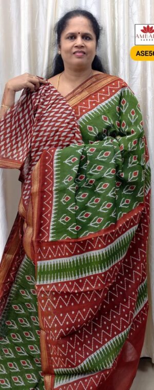 Green With Red Mul Cotton Saree | ASE563