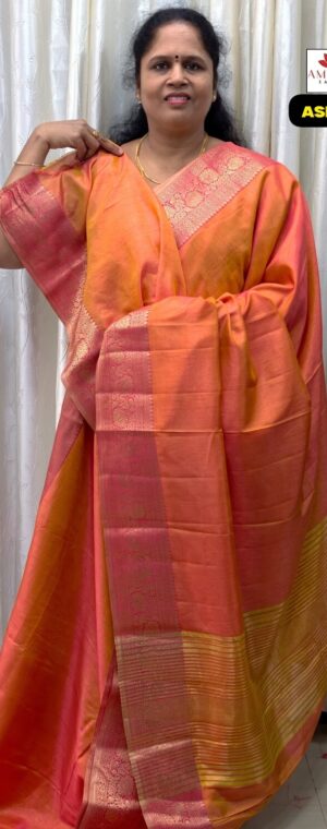 Light Orange With Pink Border Semi Tussar Saree II ASE692