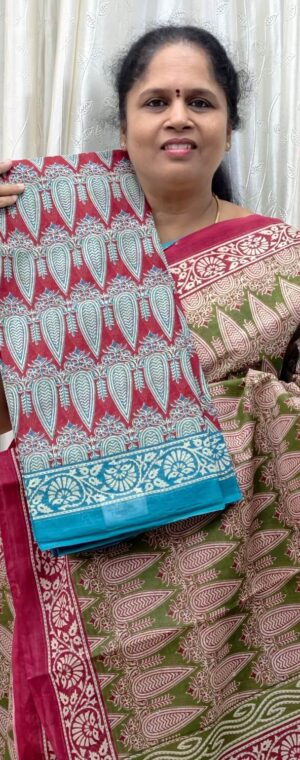 Red With Blue Border Cotton Saree | ASE638