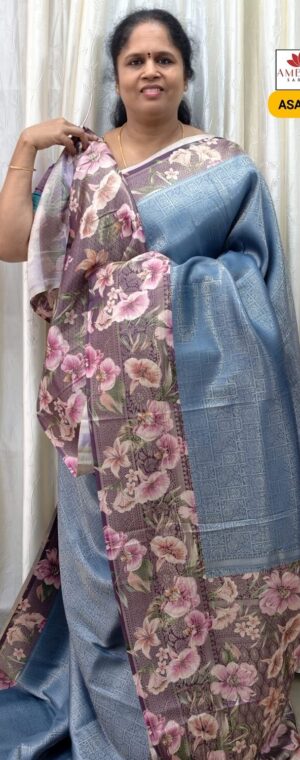 Blue With Floral Printed Border Semi Silk Saree | ASA548