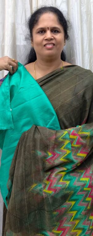 Olive Green Chiffon Saree with Blue Blouse | ASE674