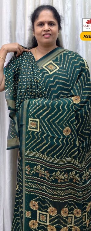 Green Chiffon Saree with Small Prints & Border | ASE645