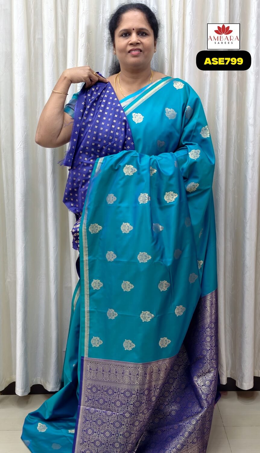 Sky Blue With Ink Blue Semi Silk Saree || ASE799
