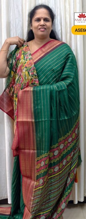 Green With Red Border Semi Crepe Saree | ASE600