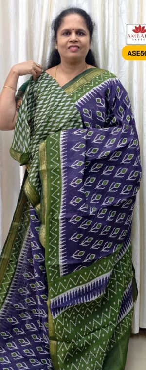 Blue With Green Mul Cotton Saree | ASE562