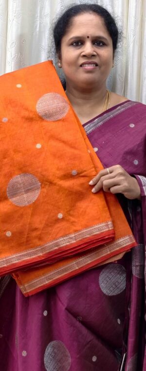 Dark Orange Semi Tussar Saree with Silver Zari | ASE845
