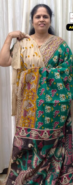 Green Kalamkari Cotton Saree with Printed Blouse | ASF26