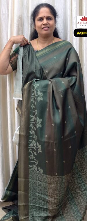 Green With Brown Printed Semi Tussar Saree | ASF60