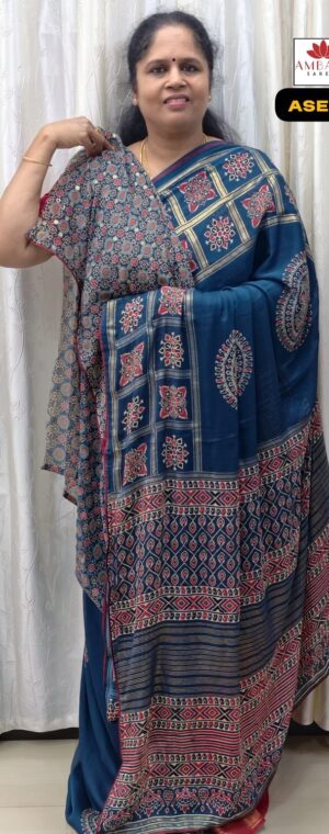 Navy Blue Chiffon Saree with Foil Motifs | ASE951