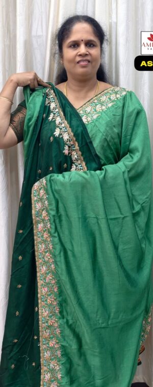 Green Embroidery Crepe Saree with Contrast Blouse | ASF49