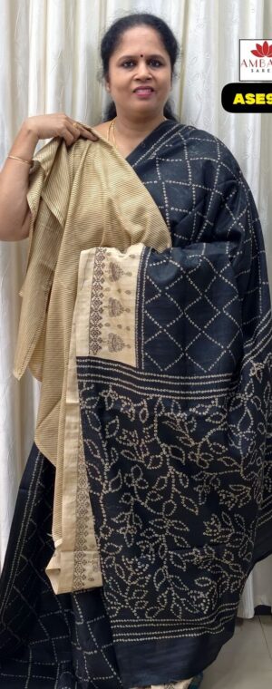 Black Semi Tussar Saree with Bandhini Print & Cream Border | ASE909