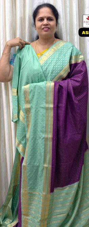 Purple With Blue Border Semi Mysore Crepe || ASE886