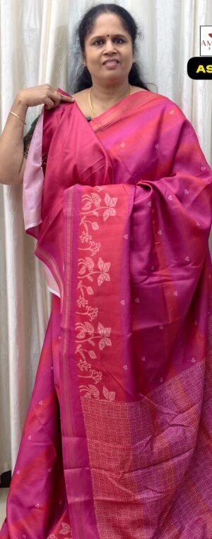 Pink With Orange Printed Semi Tussar Saree | ASF65