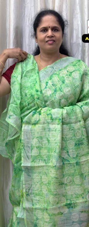 Green Bandhini Printed Semi Linen Silk Saree | ASF208