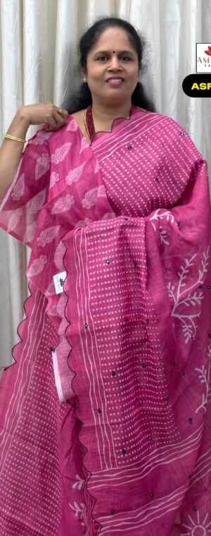 Pink Semi Linen Cotton Saree With Mirror Work Border | ASF335