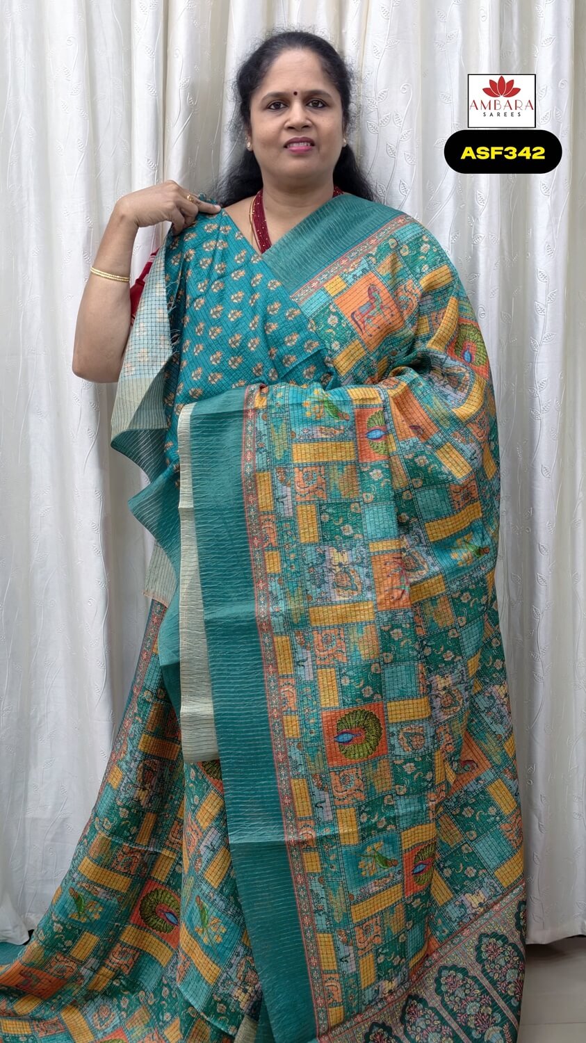 Sea Green Crushed Semi Tussar Saree With Mughal Art | ASF342