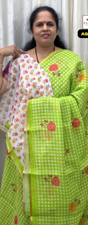 Light Green Checked Linen Cotton Saree with Pallu | ASF259