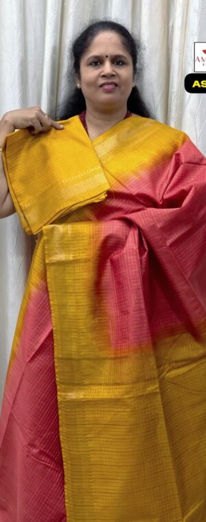 Red Checked Semi Tussar Saree With Yellow Border | ASF318