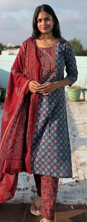 Pure Cotton Ajrakh Printed Kurti Set with Dupatta || ASF252