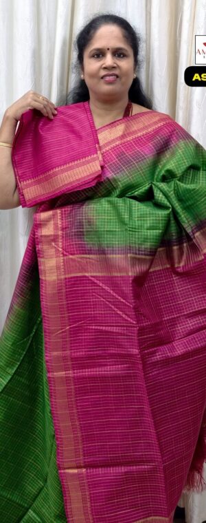 Green Checked Semi Tussar Saree With Pink Border | ASF317
