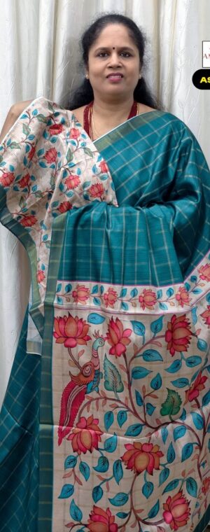 Sea Green Checked Semi Tussar Saree with Floral Pallu | ASF346