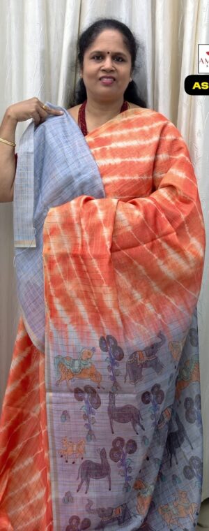 Orange Semi Chanderi Cotton Saree With Grey Pallu | ASF297