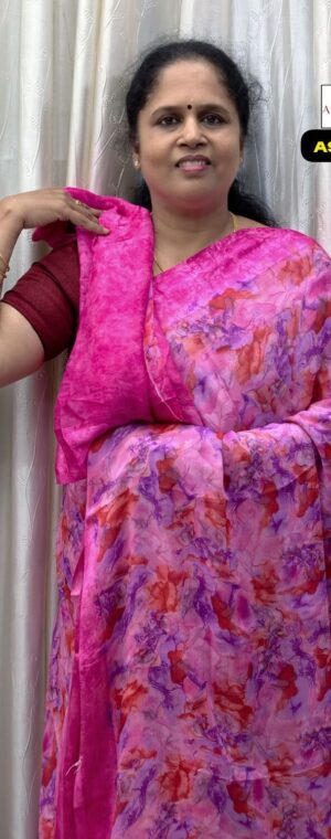 Dark Pink Floral Printed Chiffon Saree | ASF192