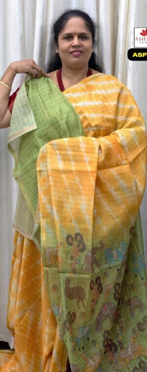 Yellow Semi Chanderi Cotton Saree With Green Pallu | ASF300