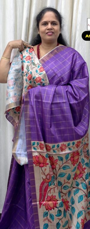 Purple Checked Semi Tussar Saree with Floral Pallu | ASF349