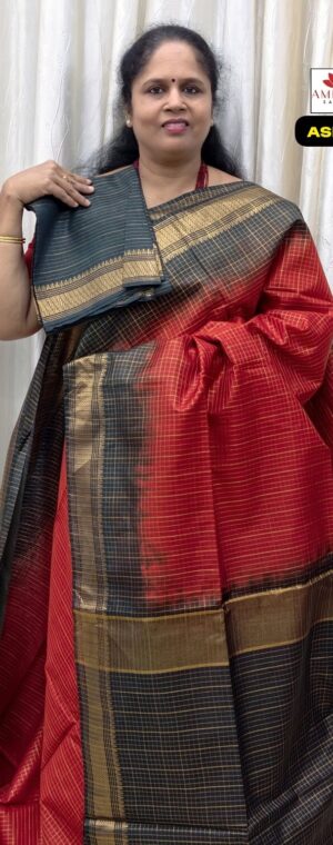Red Checked Semi Tussar Saree With Black Border | ASF319