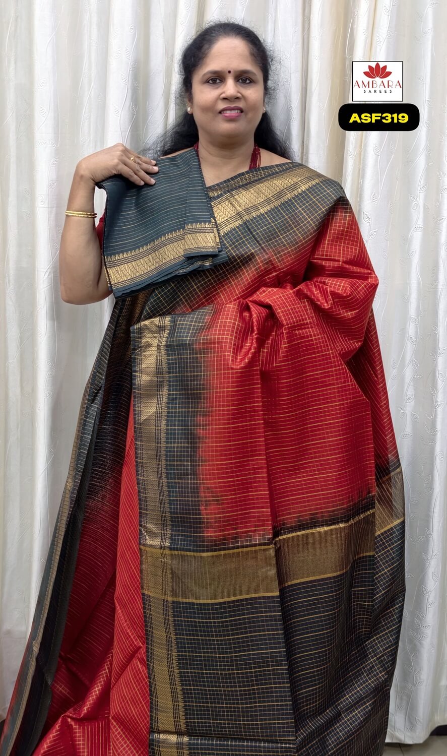 Red Checked Semi Tussar Saree With Black Border | ASF319