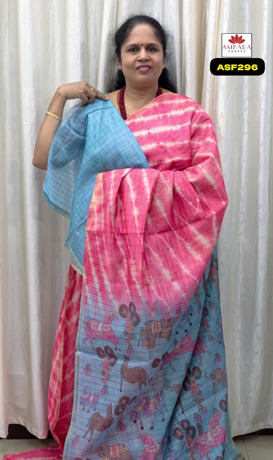 Pink Semi Chanderi Cotton Saree With Blue Pallu | ASF296