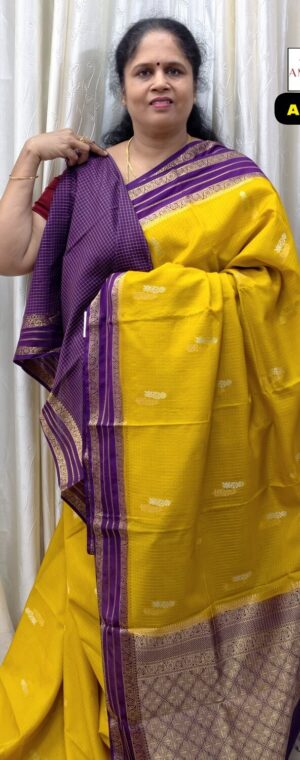 Yellow Semi Mysore Crepe Saree with Violet Border | ASF119