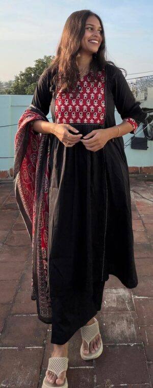 Black Cotton Ajrakh Printed Anarkali Kurti || ASF255