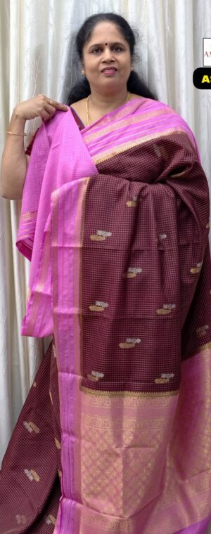 Brown Semi Mysore Crepe Saree with Checks & Border | ASF121