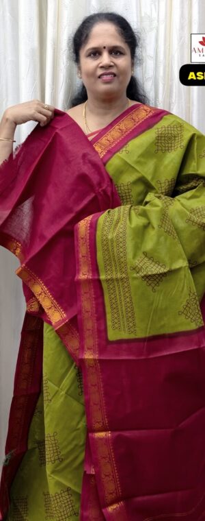 Green Sungudi Cotton Saree with Pink Border | ASF102