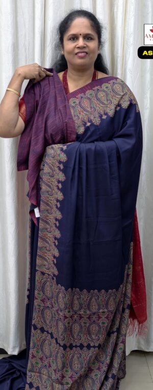 Navy Blue Semi Crepe Saree With Mango Design Border | ASF309