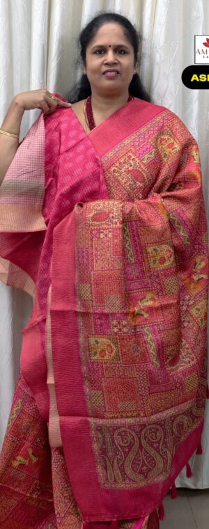 Dark Pink Crushed Semi Tussar Saree With Mughal Motifs | ASF341