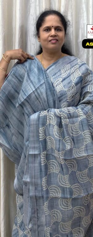 Grey Bandhini Printed Semi Linen Silk Saree | ASF212