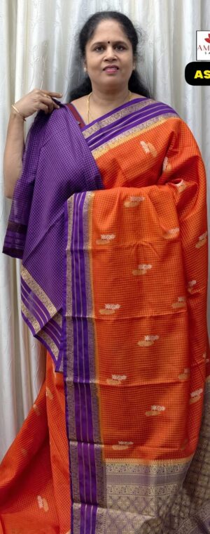 Orange Semi Mysore Crepe Saree with Checks & Border | ASF118