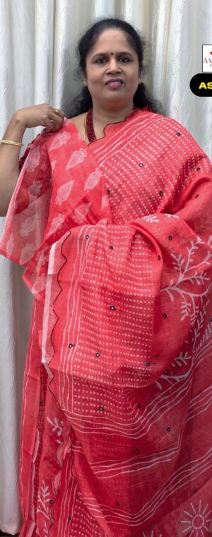 Light Pink Semi Linen Cotton Saree With Scallop Border | ASF329