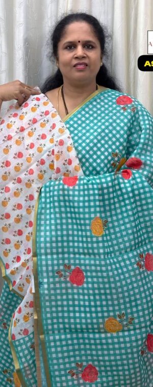Blue Checked Linen Cotton Saree with Printed Pallu | ASF257