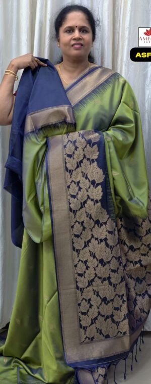 Green Soft Silk Saree With Blue Zari Border | ASF162